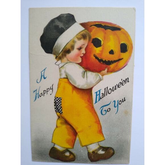 Halloween Postcard Ellen Clapsaddle Antique Wolf Series 1 Unused Child With JOL - Picture 8 of 8